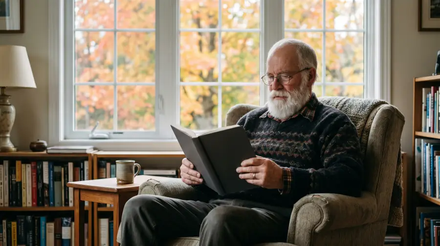 A man in his late sixties reading at an armchair beside a window, with autumn trees outside.