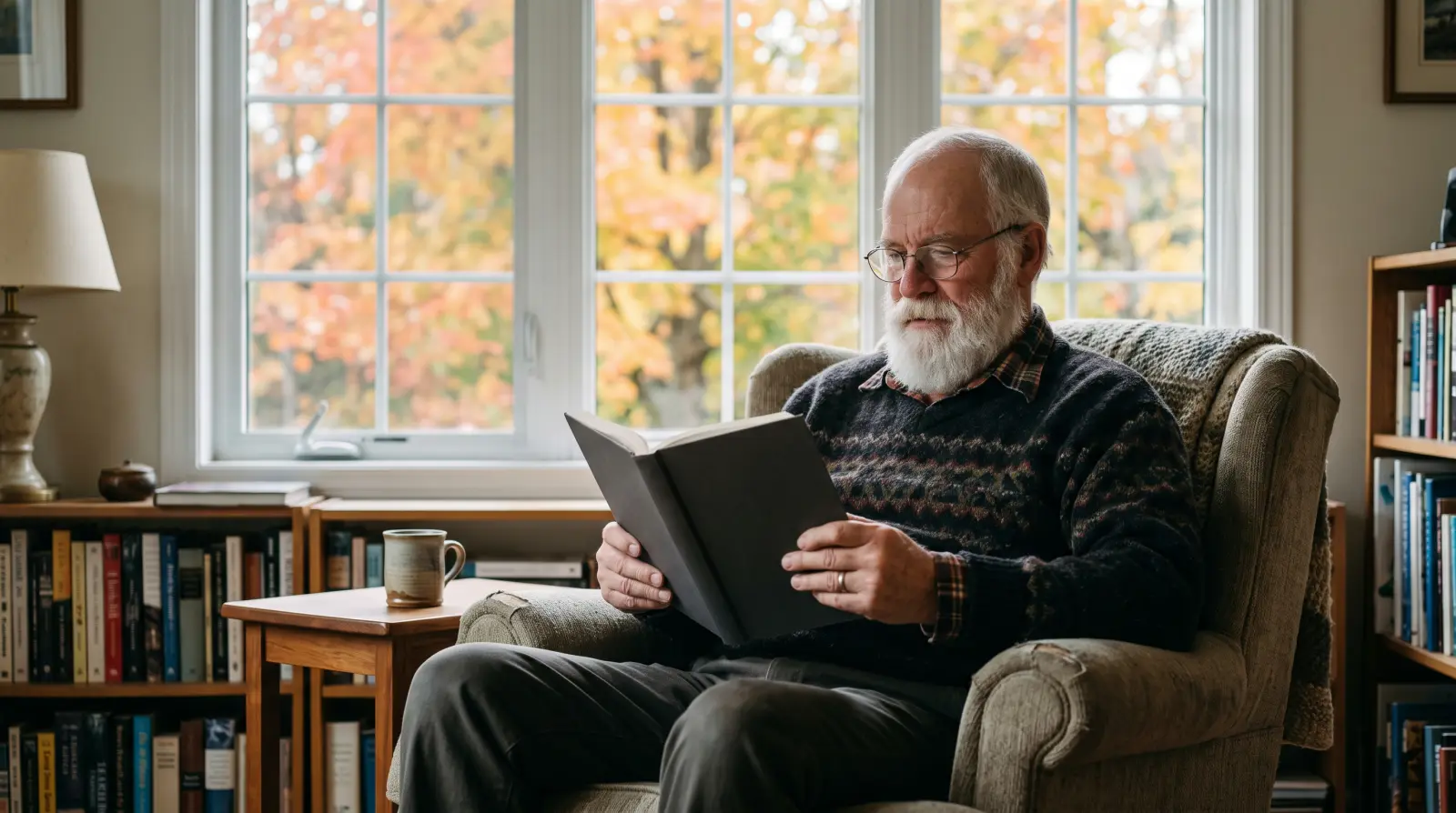 A man in his late sixties reading at an armchair beside a window, with autumn trees outside.