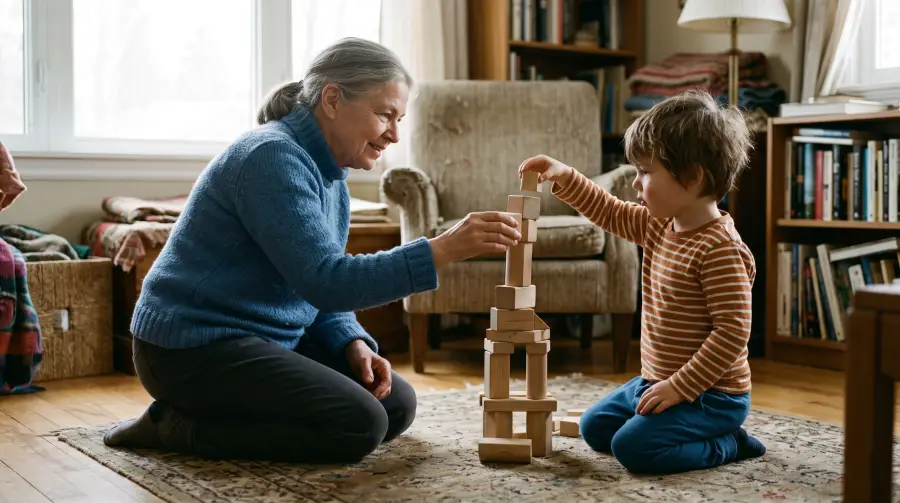 A grandmother and a small child building with wooden blocks on a living-room rug.