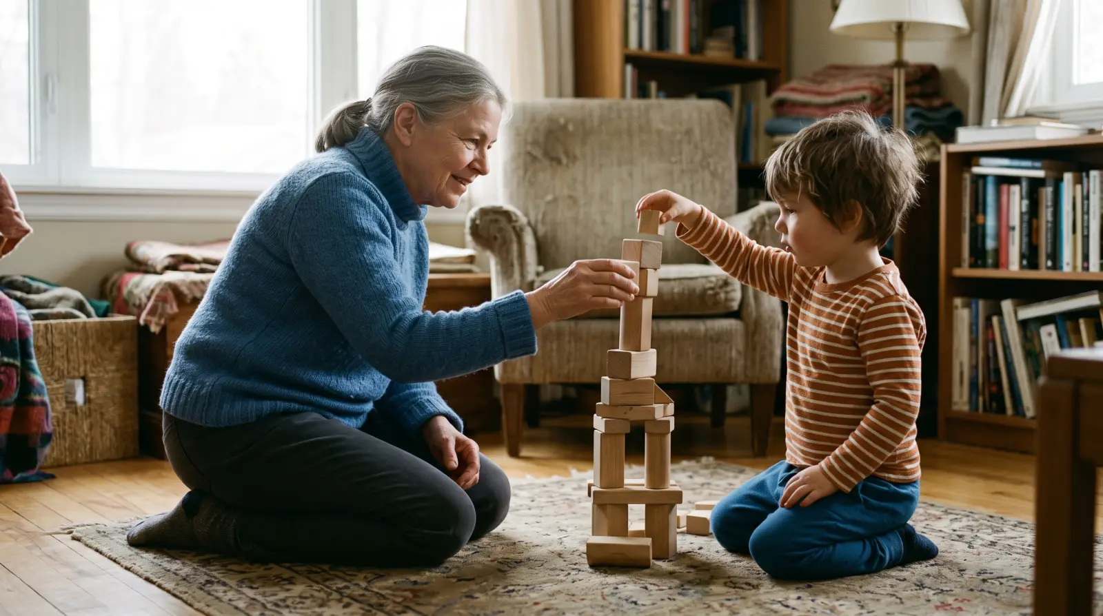 A grandmother and a small child building with wooden blocks on a living-room rug.