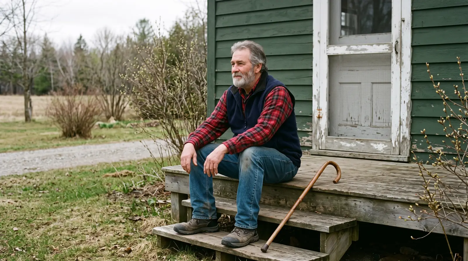 A man in his late fifties sitting on a porch step of a wooden house, looking out at the yard.