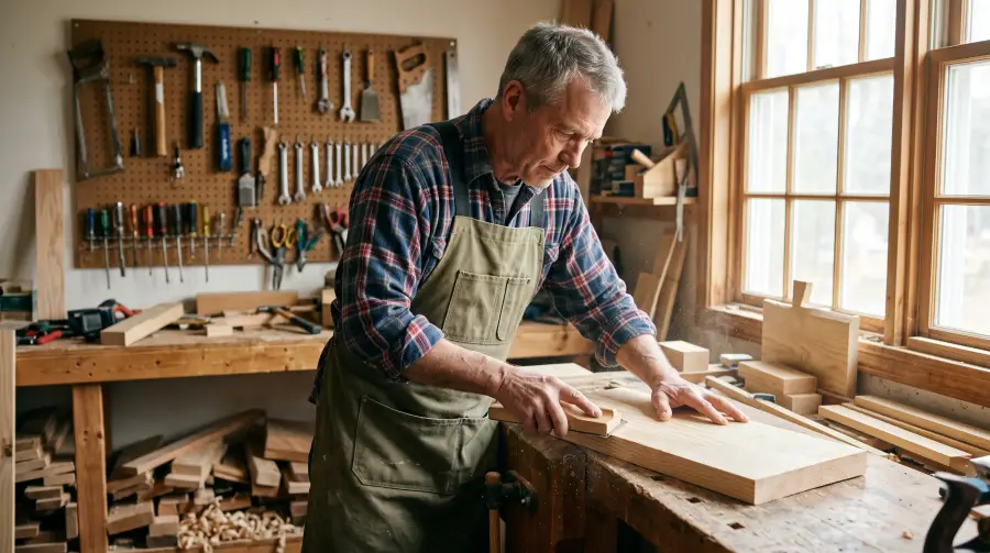 A man in his early sixties working at a carpentry bench in a bright workshop.