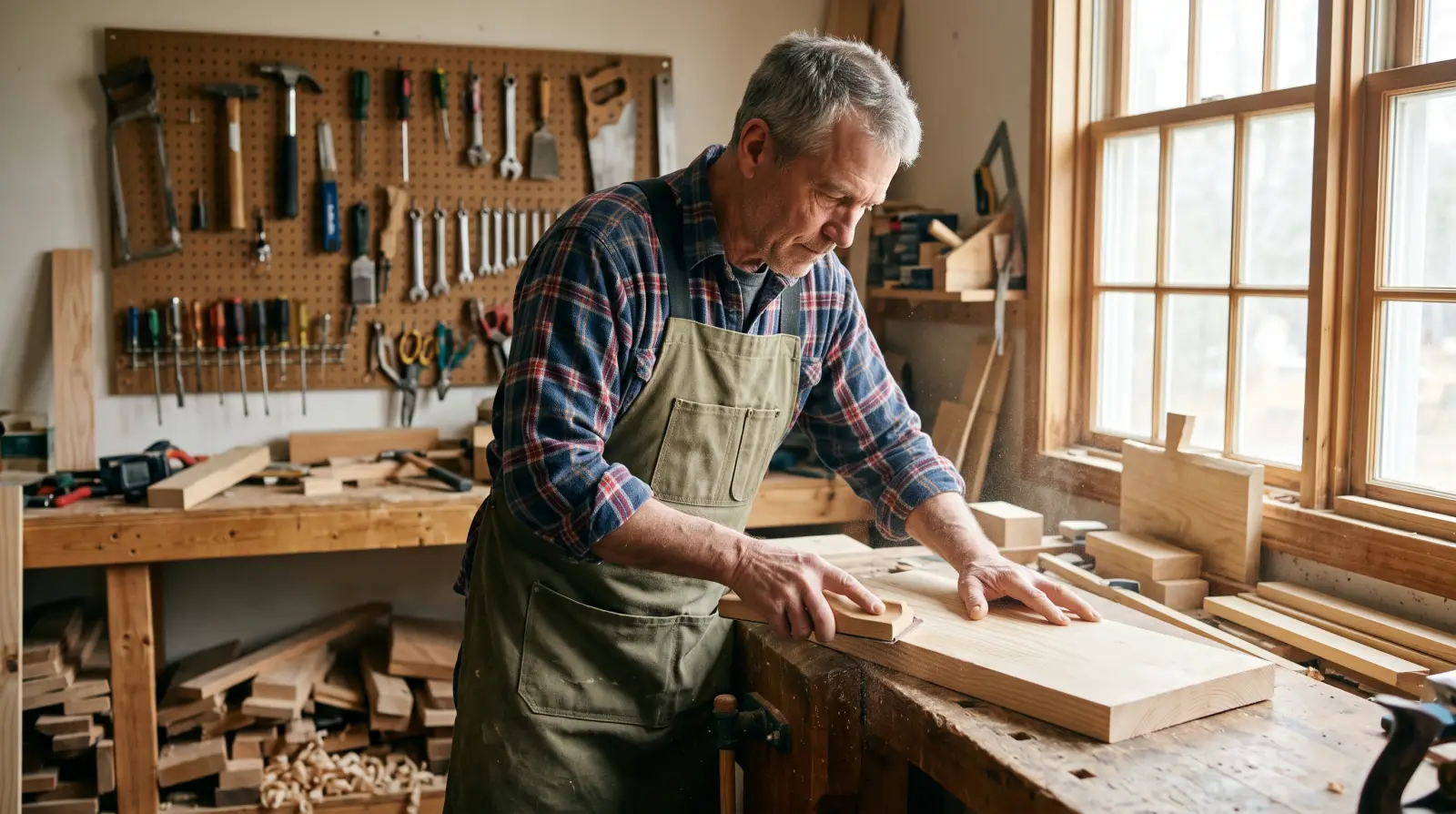 A man in his early sixties working at a carpentry bench in a bright workshop.