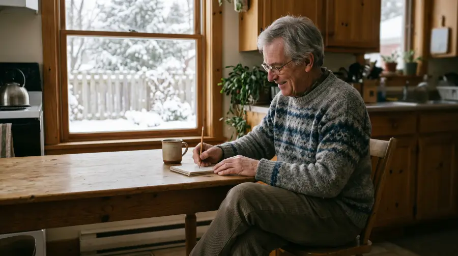 An older man at a kitchen table in winter light, writing figures in a notebook beside a mug of tea.