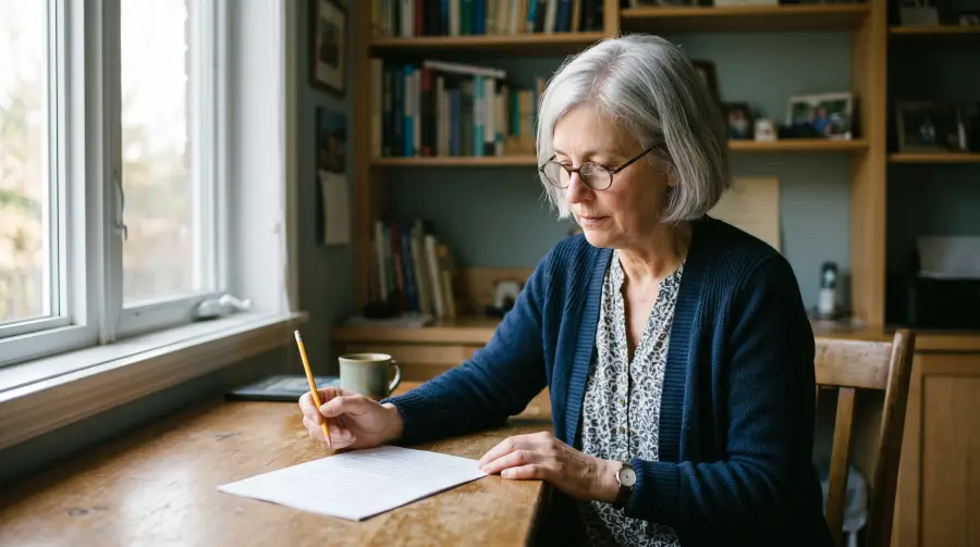 A woman in her sixties at a desk by a window, reading a printed statement with a pencil in hand.