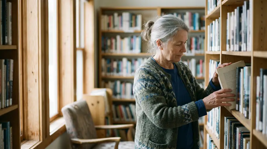 A woman in her late sixties arranging books on a shelf in a small community library.