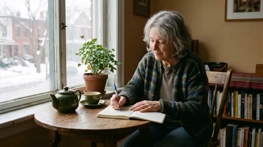 An older woman in a knitted cardigan writing in a notebook at a small table by a window.