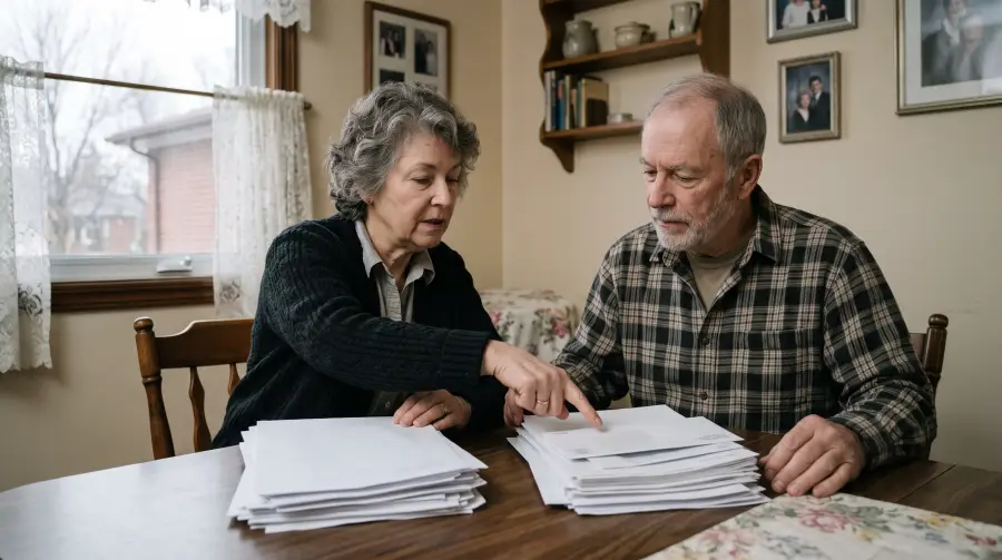 An older couple at a dining table sorting paperwork into two piles.