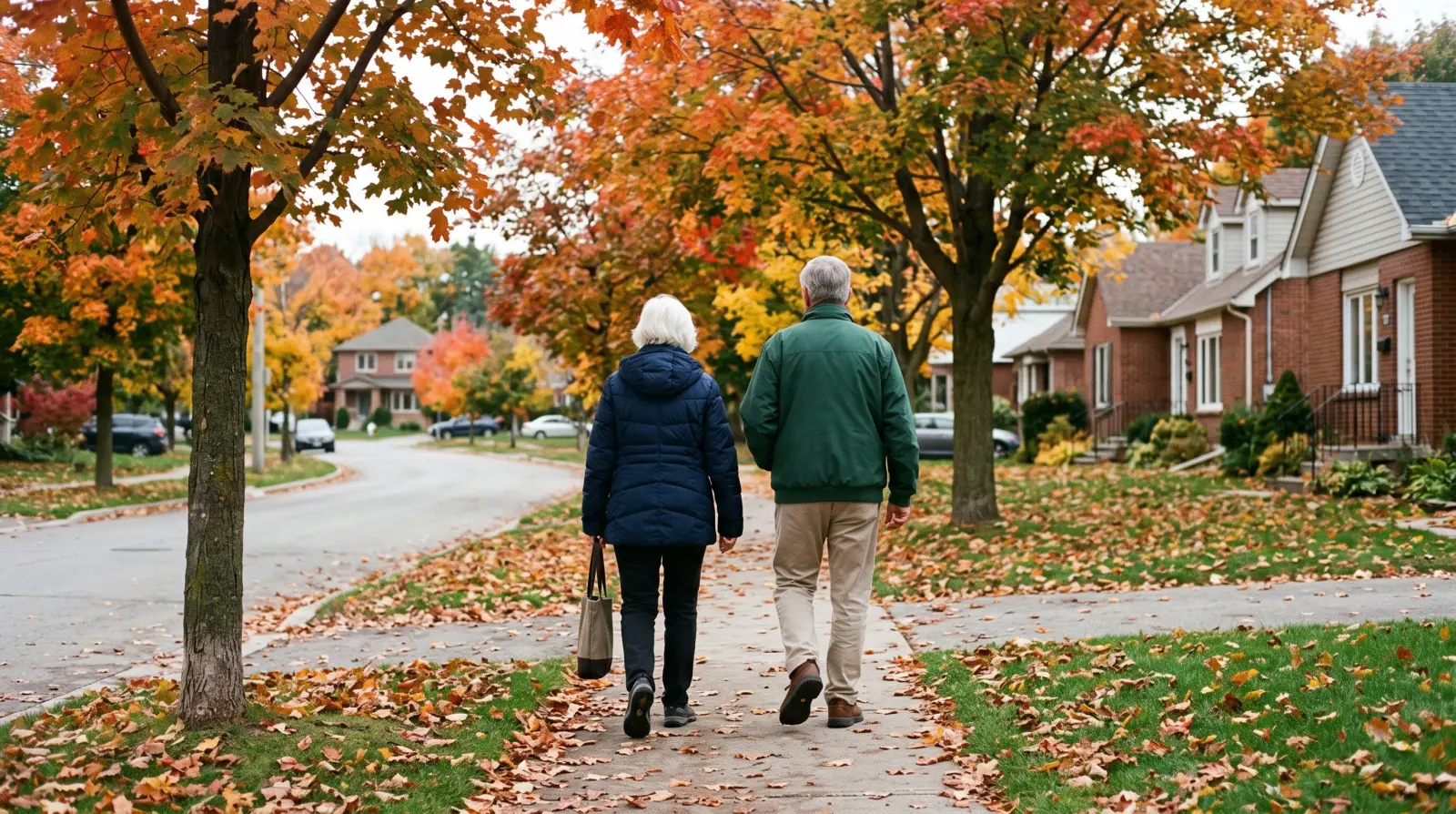 An older couple walking along a quiet residential street lined with maple trees in autumn.