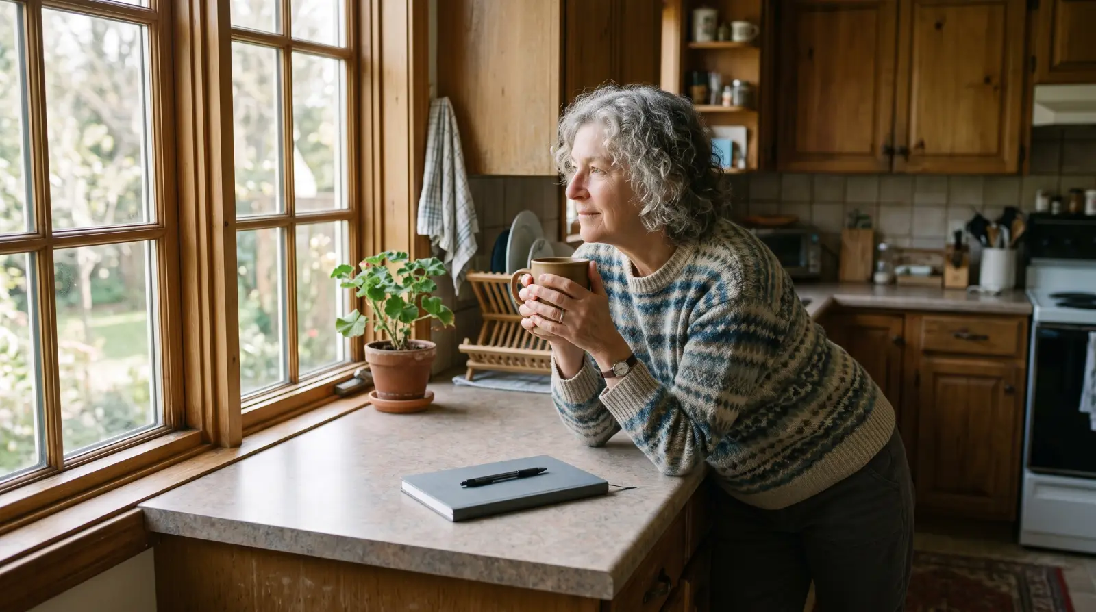 A woman in her late sixties at a kitchen counter, thinking, with a cup of coffee and a closed notebook.
