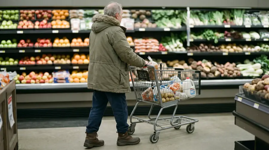A retired man pushing a shopping cart along a grocery store aisle, seen from behind at a distance.