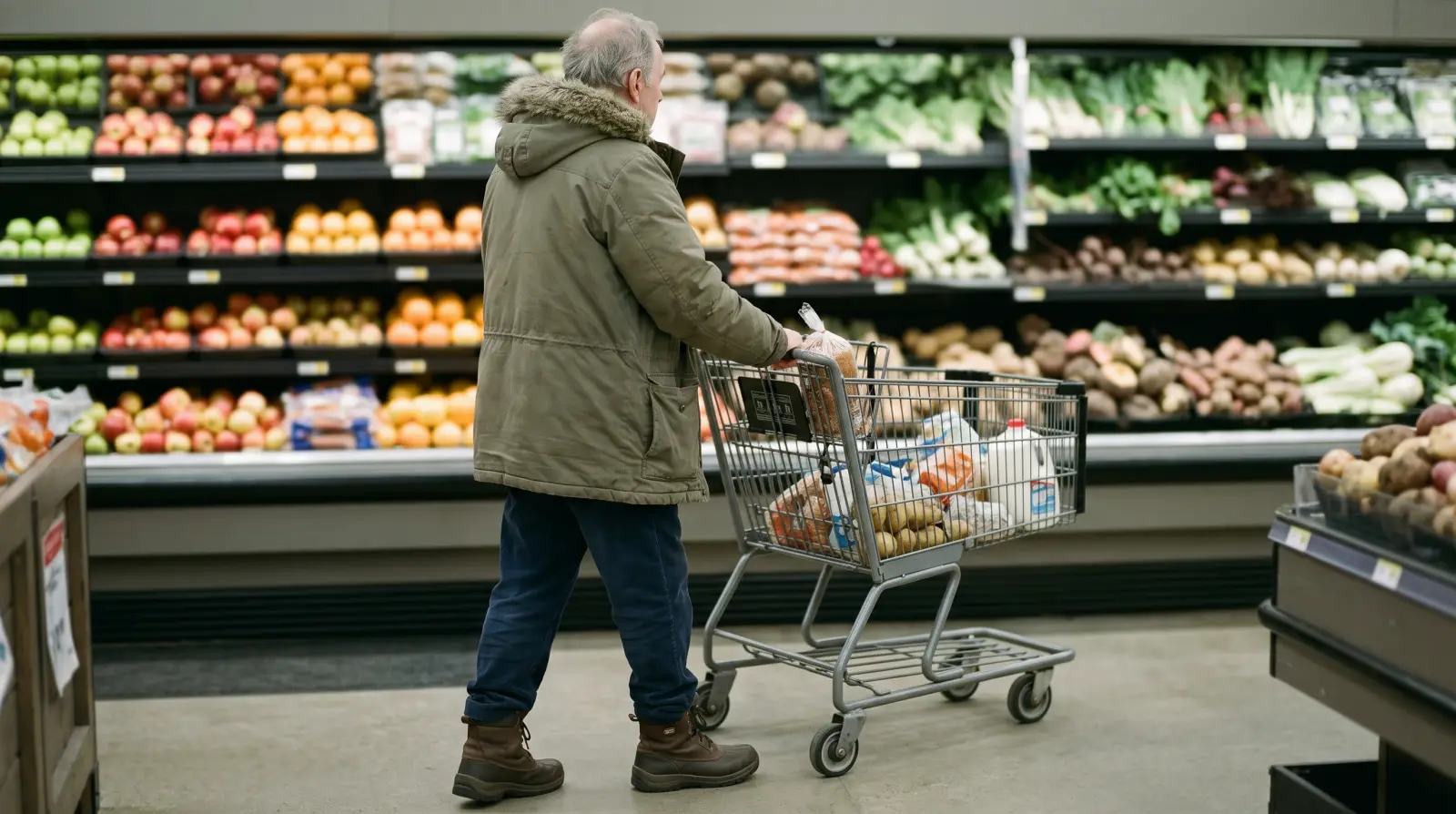 A retired man pushing a shopping cart along a grocery store aisle, seen from behind at a distance.